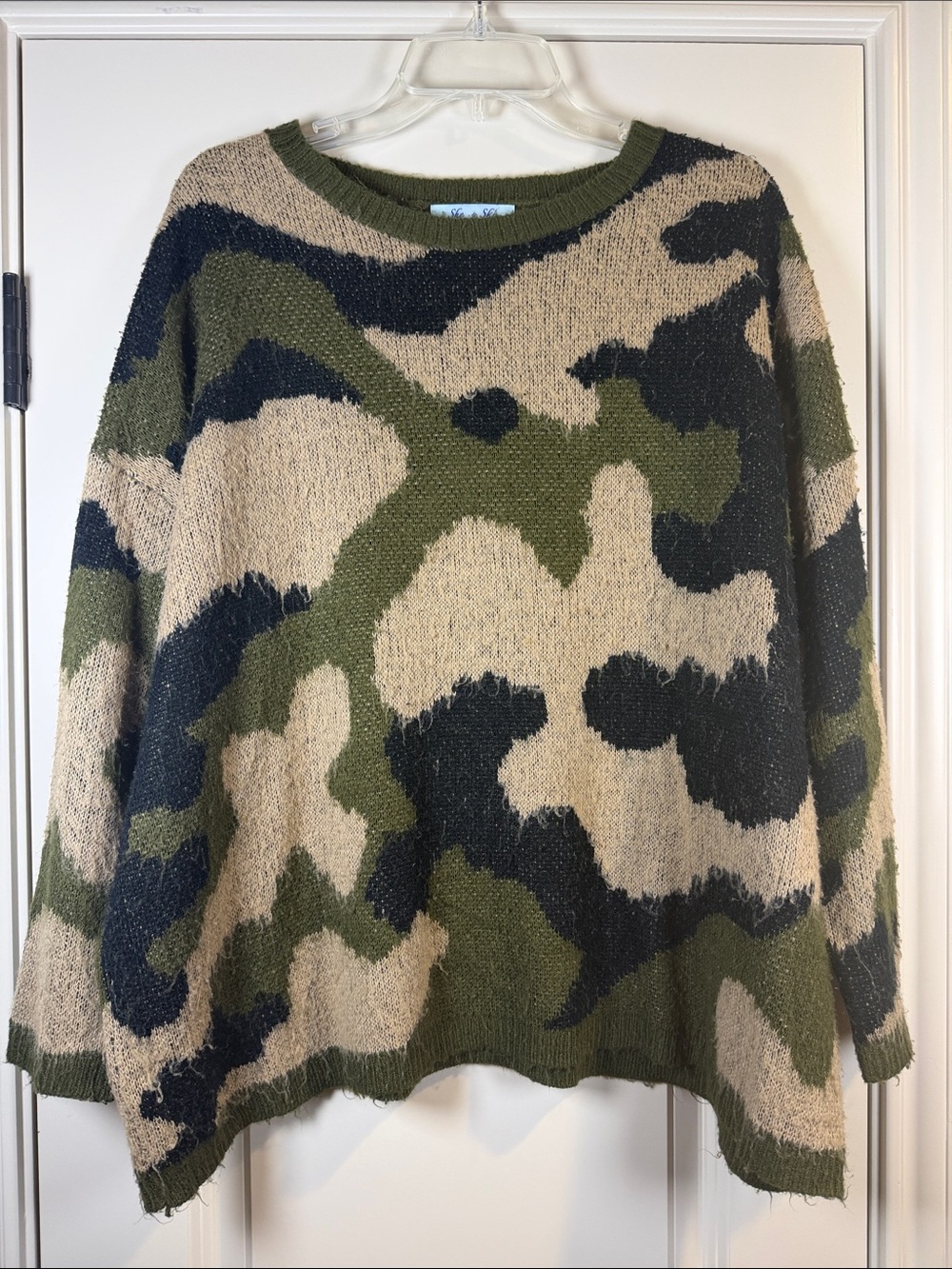 She + Sky Oversized Camo Crewneck Sweater in Olive, Black & Cream